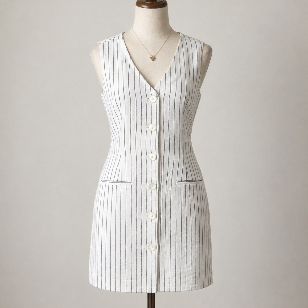 Abercrombie & Fitch Linen Blend Pinstripe Button Mini Vest Dress White Blue SP